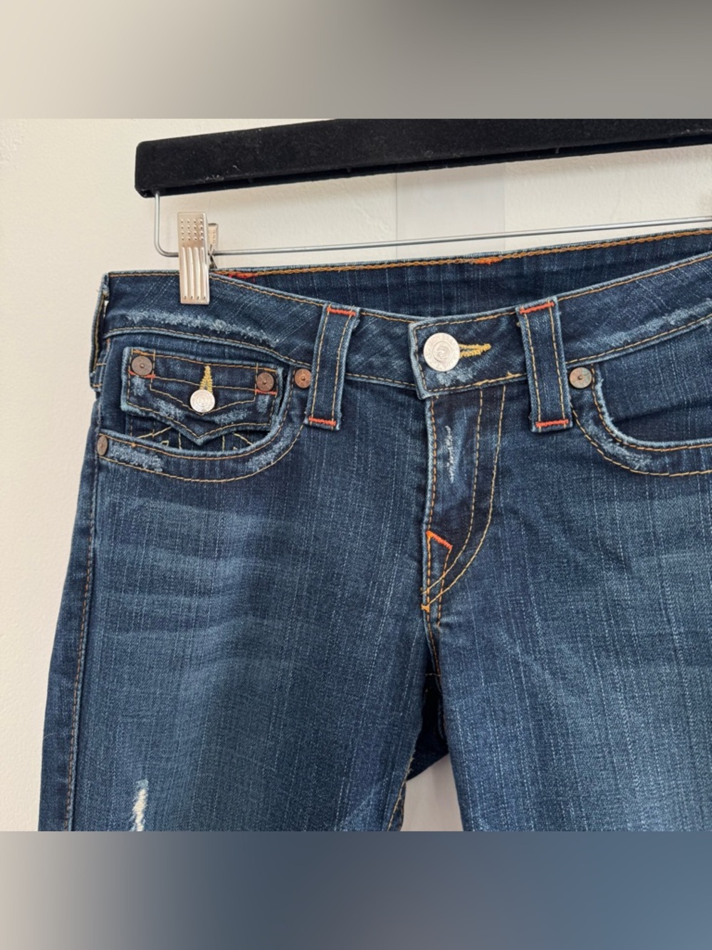 True Religion Joey Low Rise Flare Jeans Dark Blue Denim Distressed y2k 00s - Picture 5 of 14